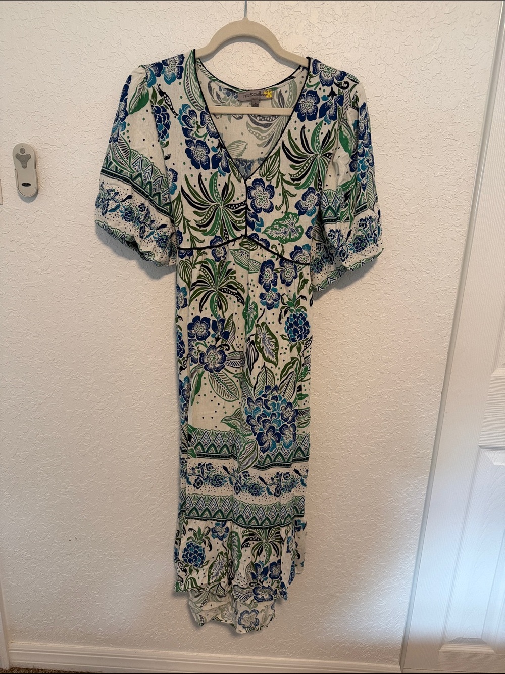 Floral V-Neck Midi Dress in Blue, Green & Cream